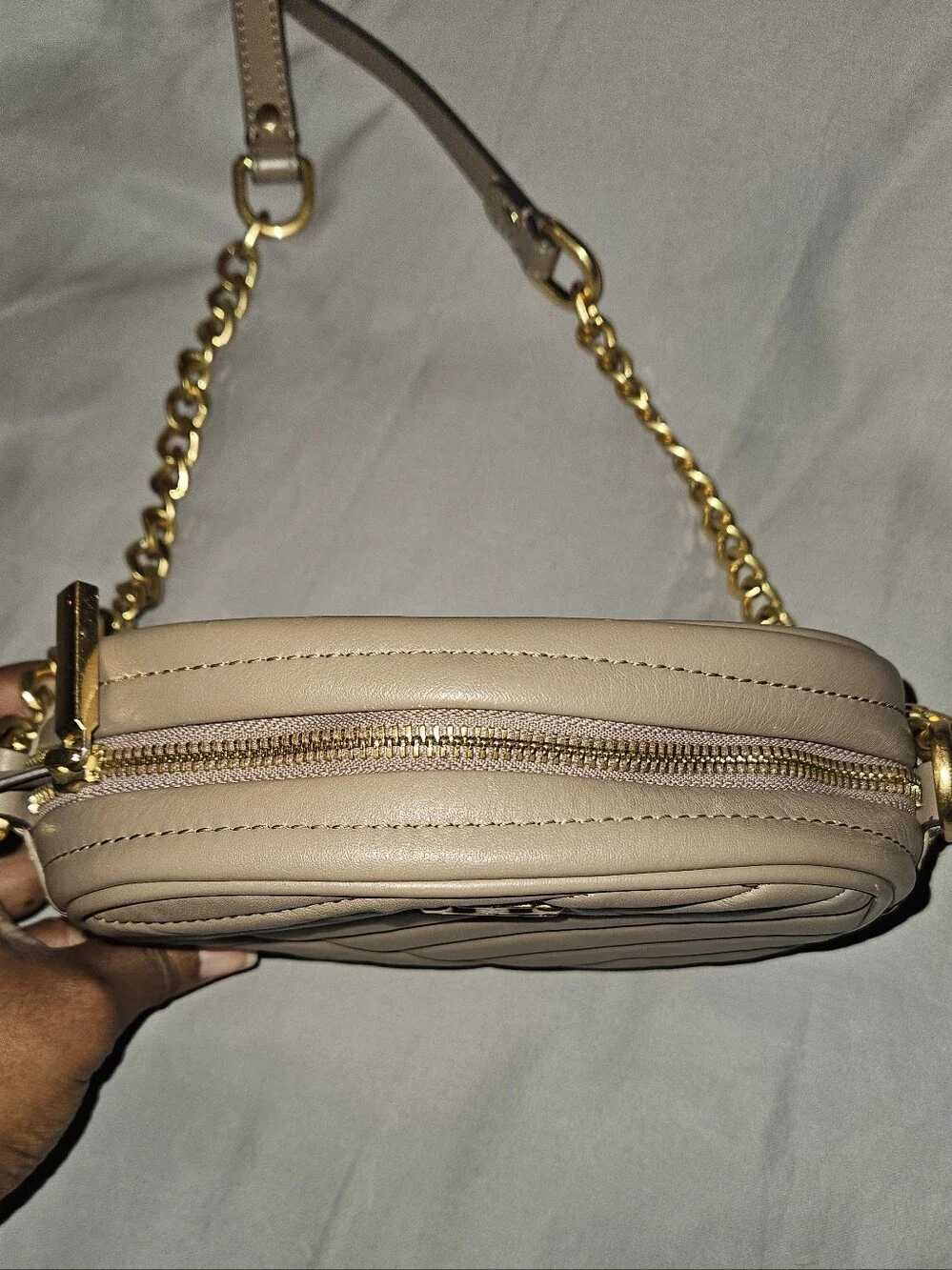 Tory Burch Taupe Quilted Chevron Leather Crossbody with Gold Chain